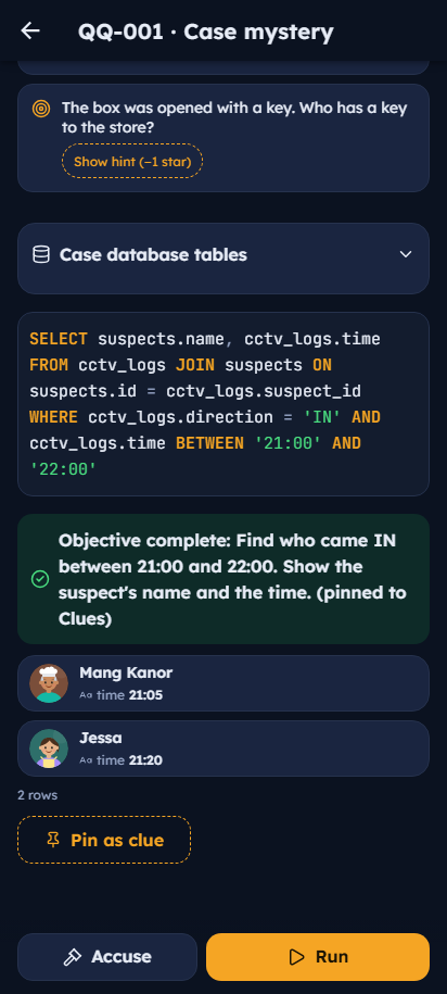 Case mystery investigation with a query and results